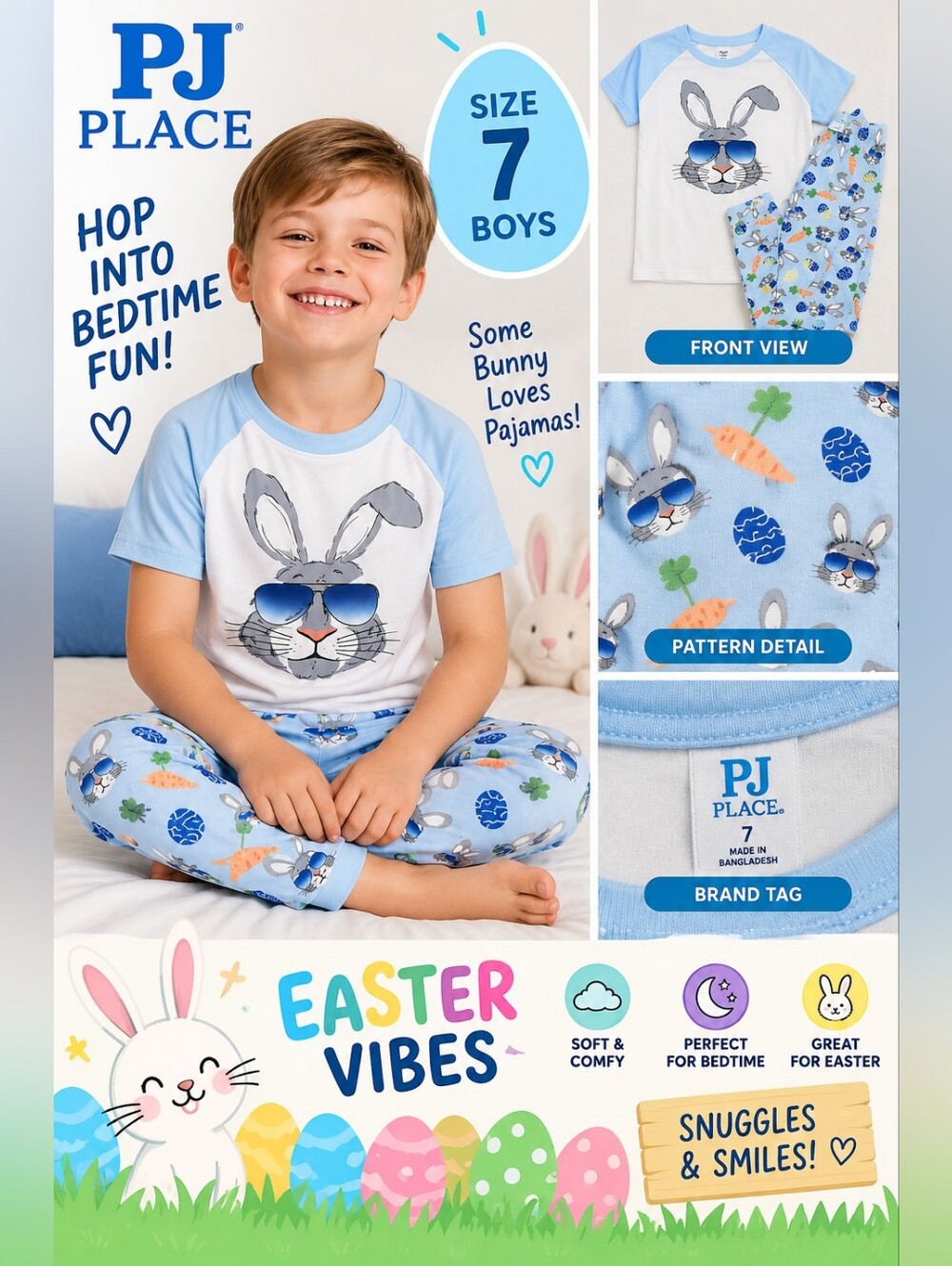 PJ place boys size 7 blue Easter bunny pajamas #05